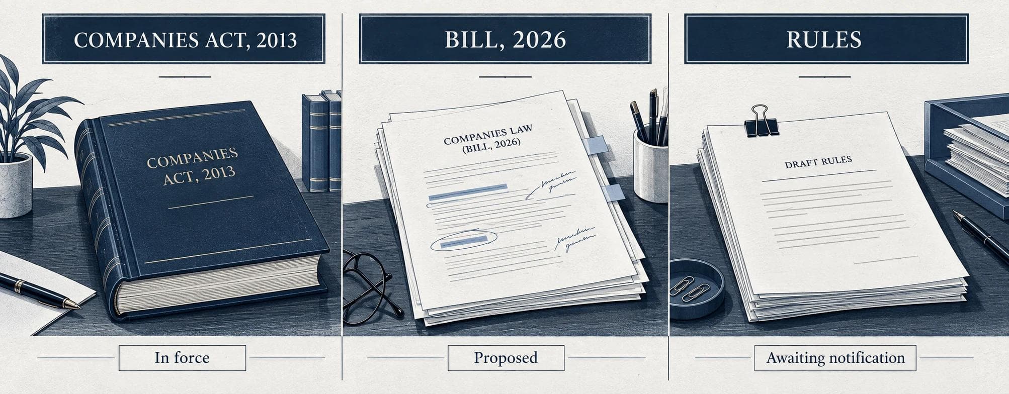 Table comparing Companies Act, 2013 provisions in force with the Corporate Laws (Amendment) Bill, 2026 as introduced