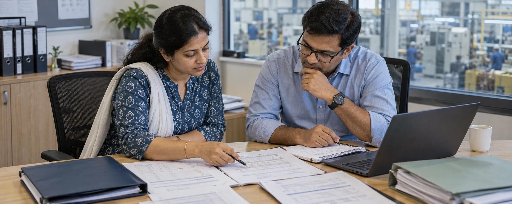 Two finance professionals comparing inter-company transaction schedules in an Indian manufacturing office.