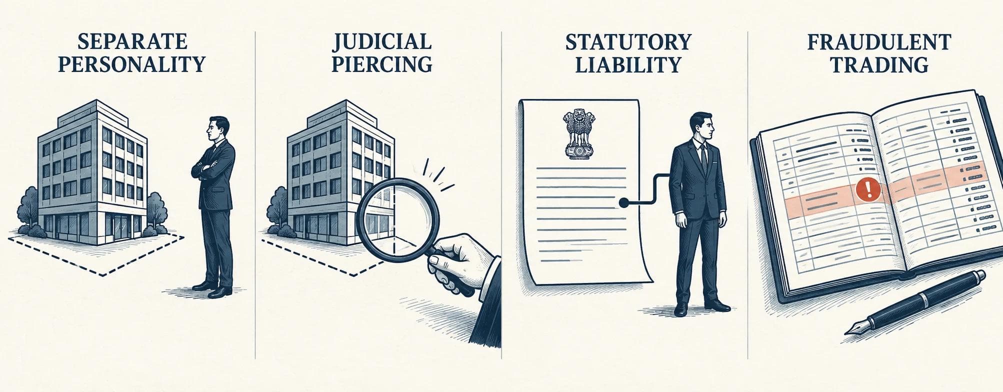 Diagram separating four ideas often called lifting the corporate veil: separate personality, judicial piercing, statutory liability and fraudulent or wrongful trading