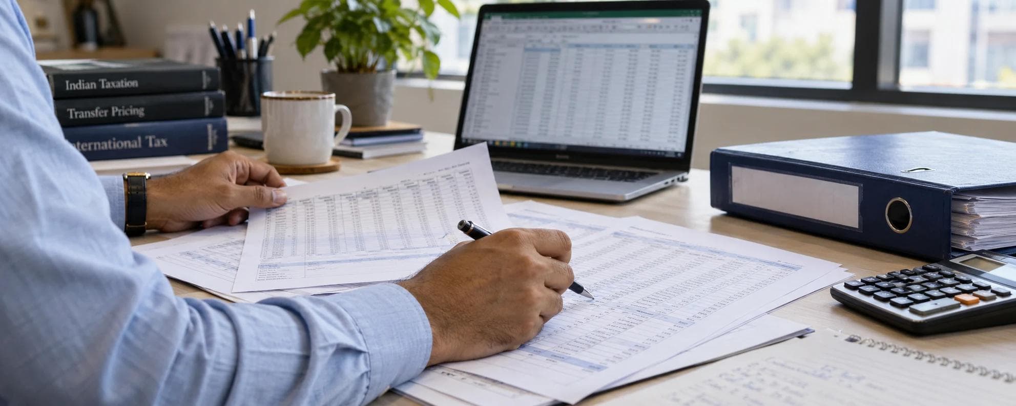 Accountant comparing financial schedules and spreadsheet records while preparing a transfer-pricing audit.