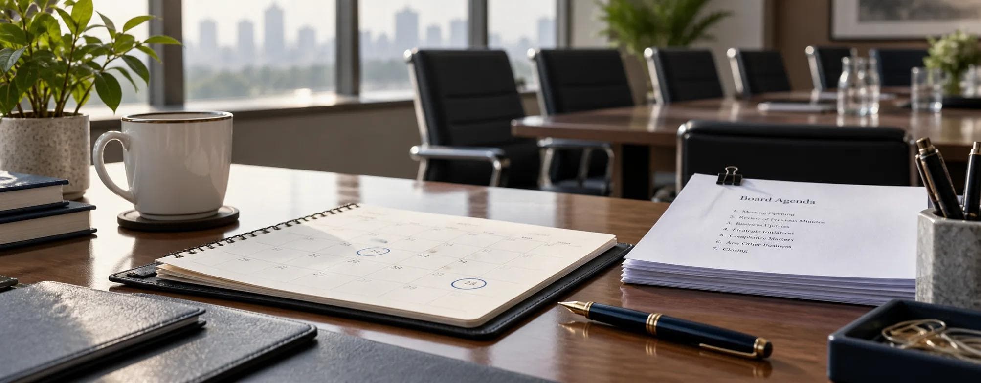 Board agenda and calendar on a meeting-room desk, illustrating SEBI LODR prior-intimation planning.